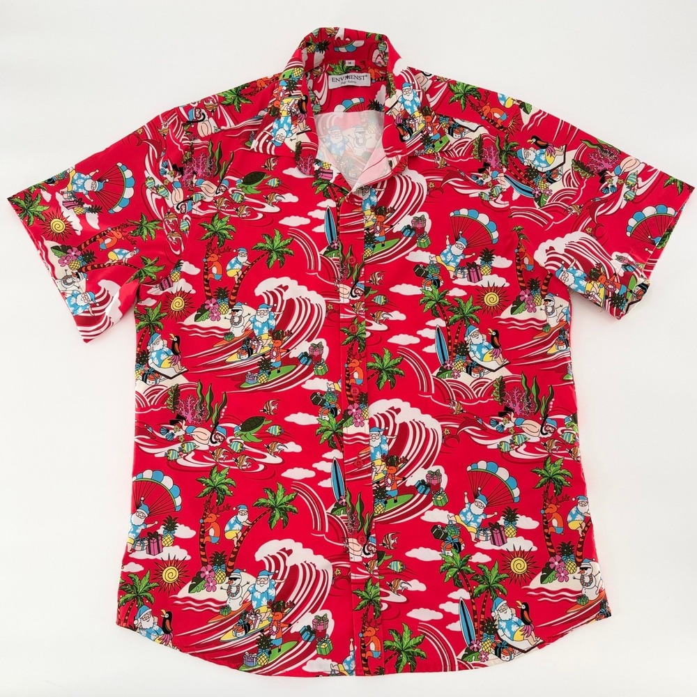 ENVMENST Christmas Hawaiian Shirt Mens Medium Red Tropical Santa Surfing Top